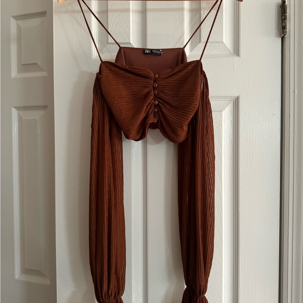 Zara Pleated Puff Sleeve Off Shoulder Crop Top in Brown with Buttons